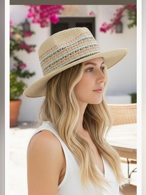 Straw Fedora Hat with Pastel Trim - Natural O/S (fits most)
